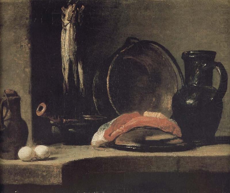 Watering can two egg earthenware cooking pot three yellow eye monkshood fish copper clepsydra fish fillet and jar, Jean Baptiste Simeon Chardin